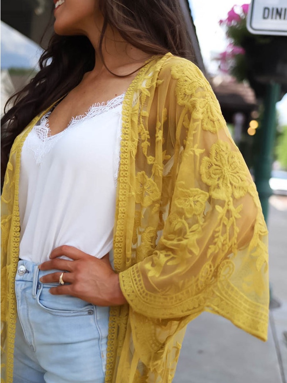 Lush Yellow Floral Lace Sheer Kimono Cover-Up - Picture 3 of 6